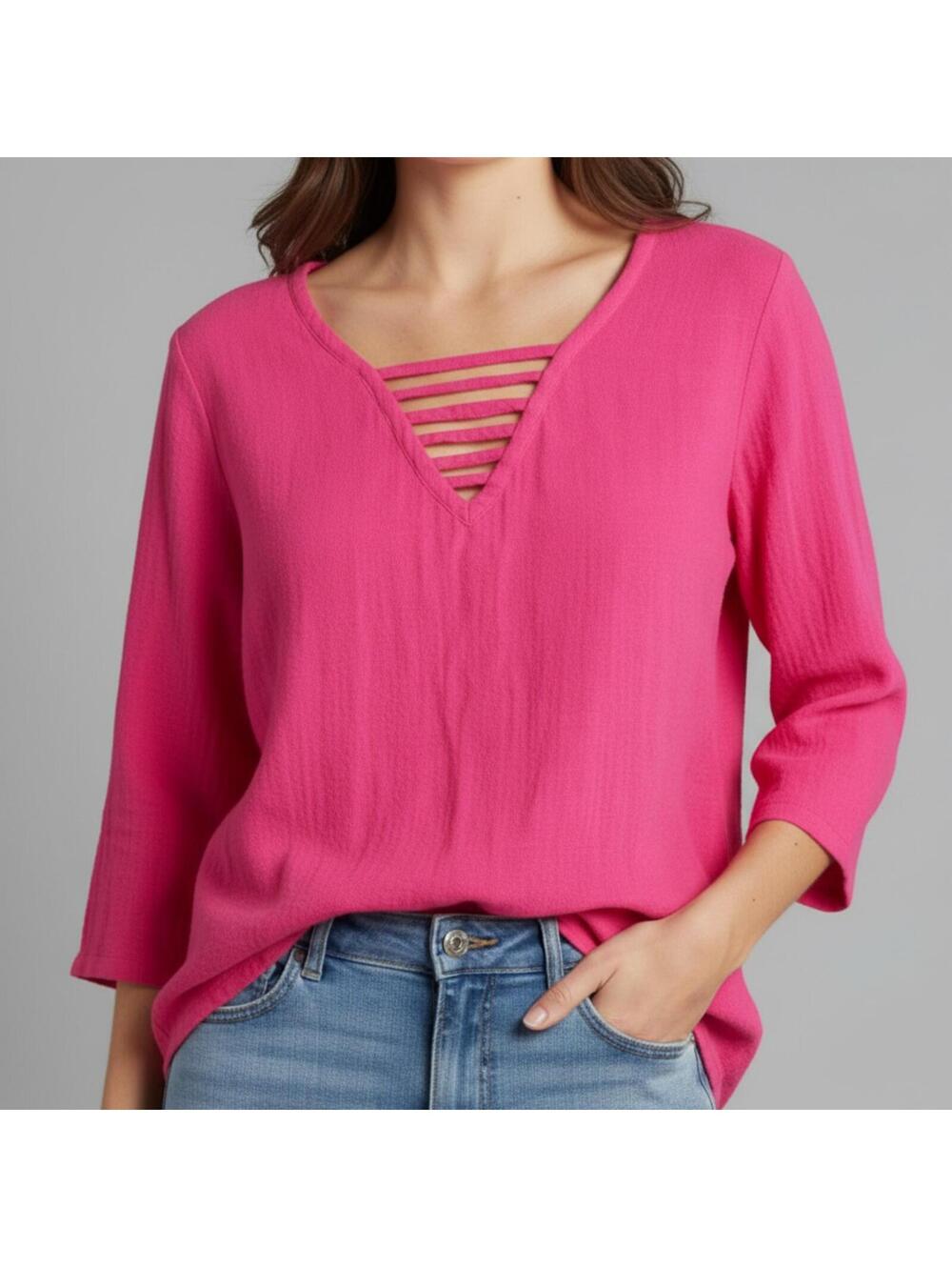 NWT Cecilia Nathal Womens Tunic Top Small Pink Lattice Cut Out 3/4 Sleeve Boho